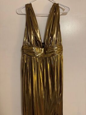 Forever 21 Metallic Gold Plunge Halter Evening Dress